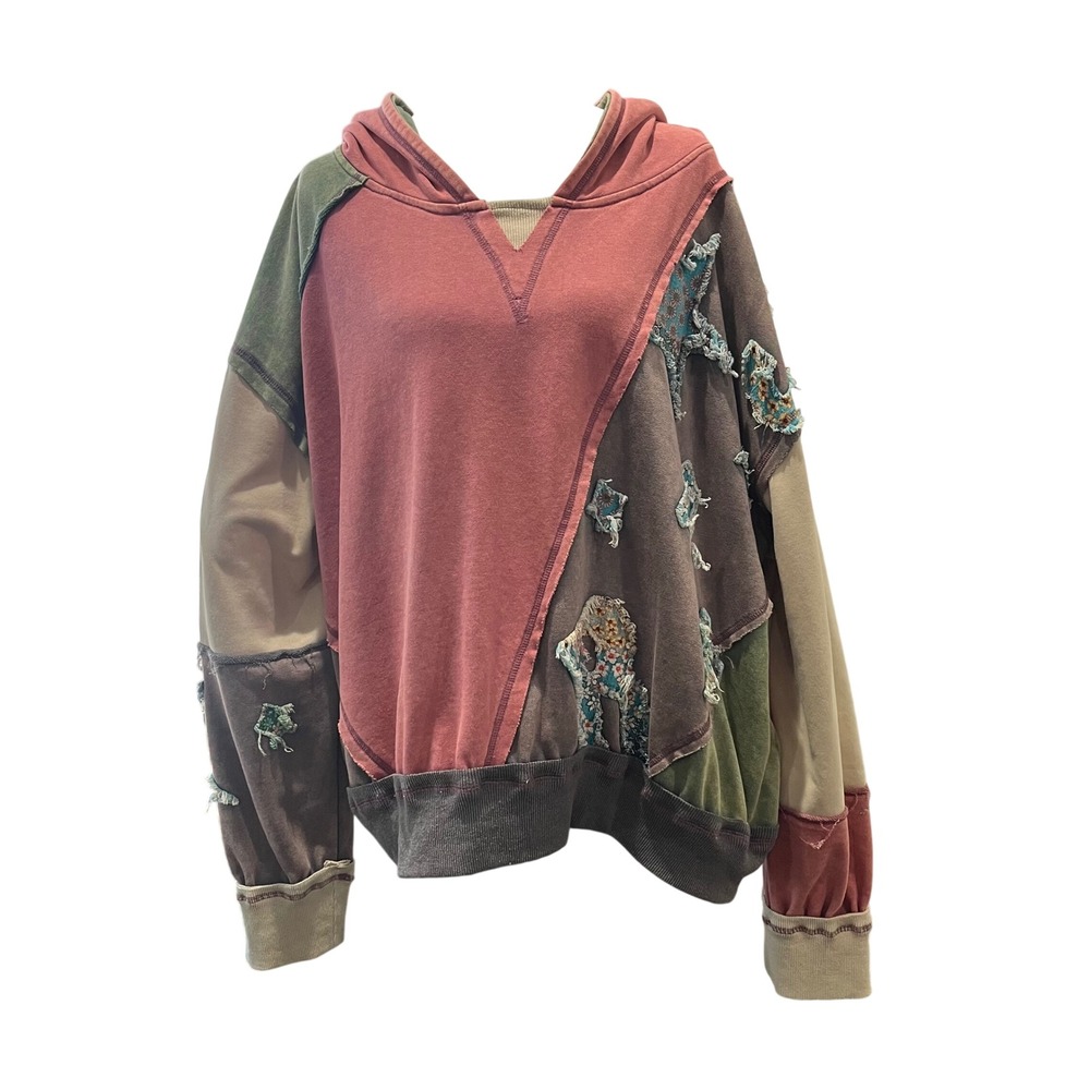 Oli & Hali Patchwork Hoodie Floral Multicolored Stars Boho Womens XL Slouchy